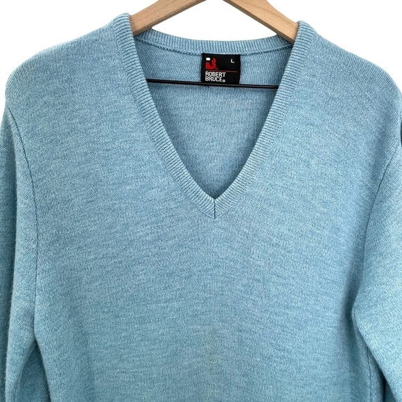 Vintage Robert Bruce V-Neck Pullover Sweater Solid Light Blue SOFT Unisex Large - Picture 3 of 6
